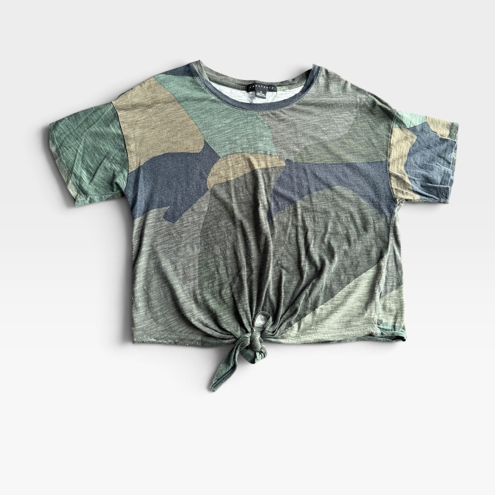 Womens Green Camo Sanctuary Abstract Tie Front Slub Knit T-Shirt Medium